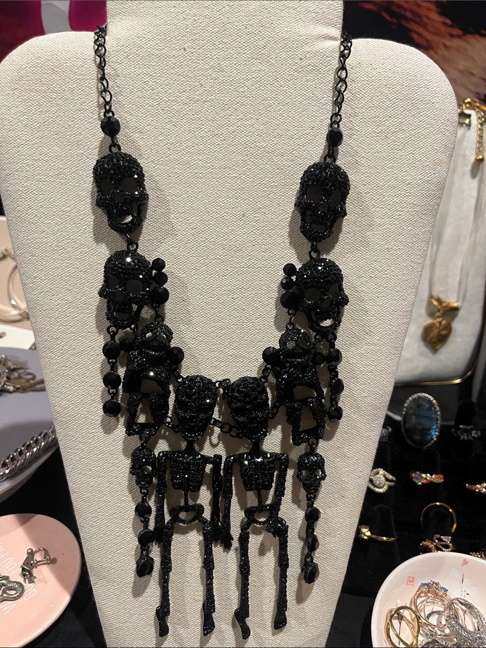 Black rhinestone skull necklace statement piece